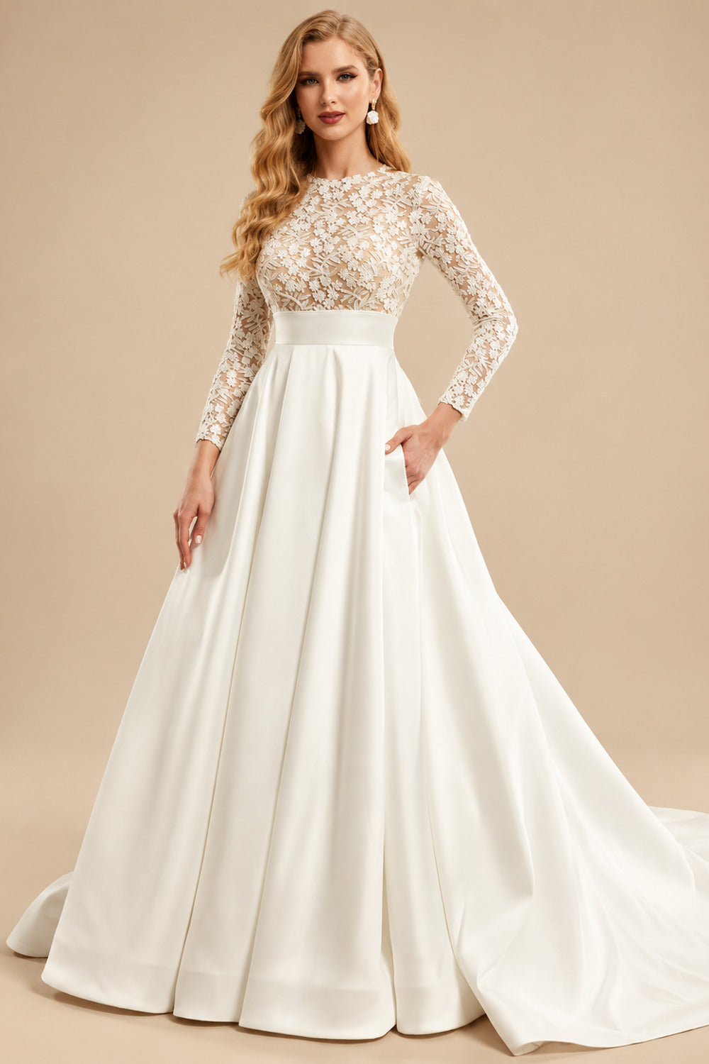 Rutipo As Picture Ball-Gown Long Sleeves Court Train Lace/Satin Wedding Dresses With Pockets