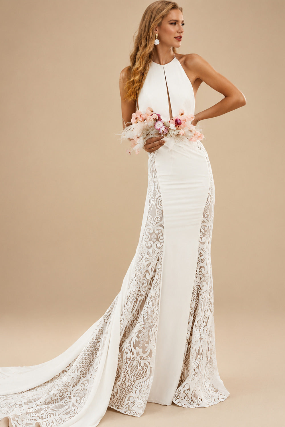 Rutipo Ivory Trumpet/Mermaid Sleeveless Chapel Train Lace/Elastic Satin Wedding Dresses