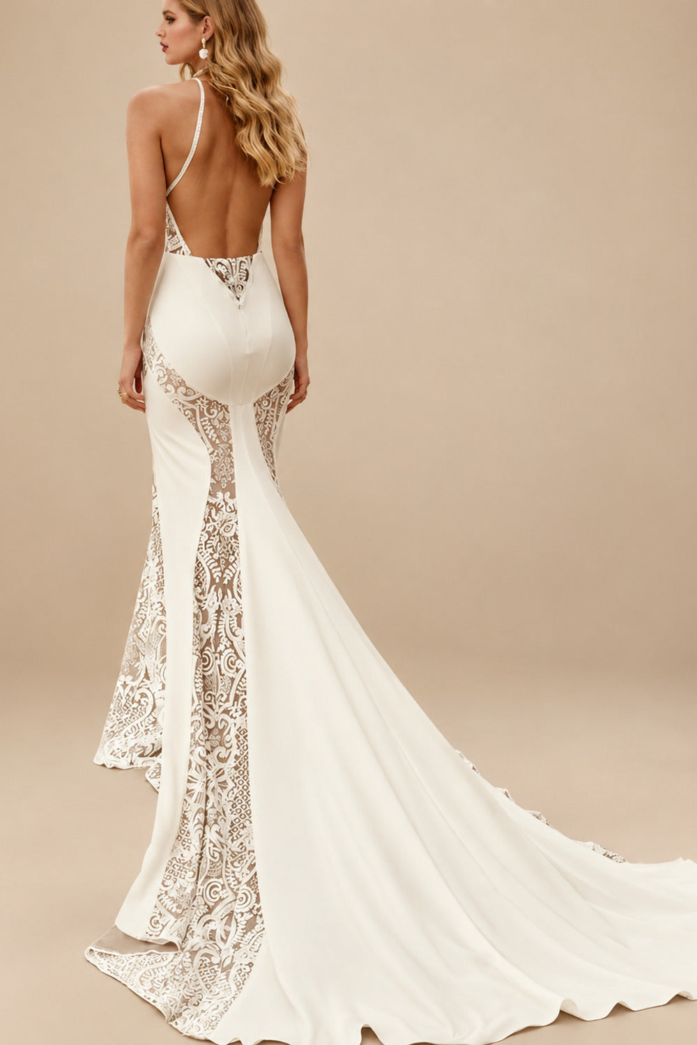 Rutipo Ivory Trumpet/Mermaid Sleeveless Chapel Train Lace/Elastic Satin Wedding Dresses