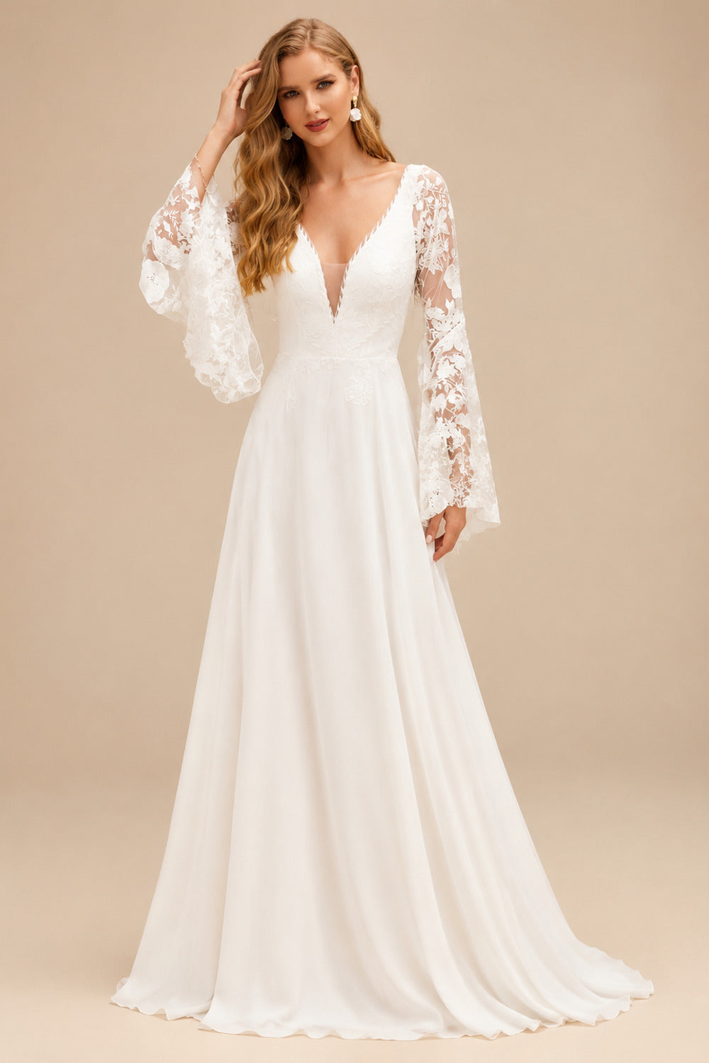 Rutipo Ivory Beach/Boho V-Neck Long Sleeves Court Train Lace Wedding Dresses
