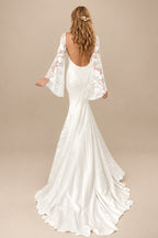 Rutipo Ivory Beach/Boho V-Neck Long Sleeves Court Train Lace Wedding Dresses