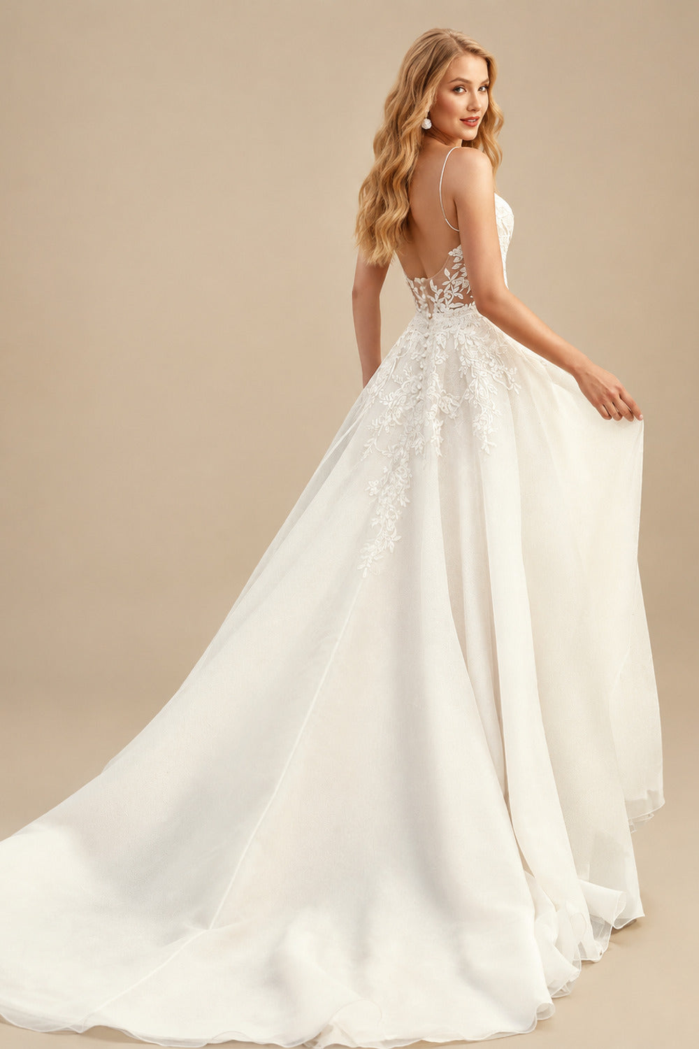 Rutipo Ivory Lace Ball-Gown Organza Open Back Wedding Dresses