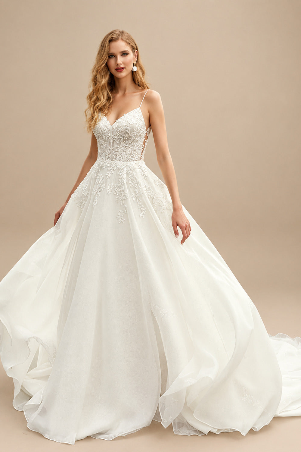 Rutipo Ivory Lace Ball-Gown Organza Open Back Wedding Dresses