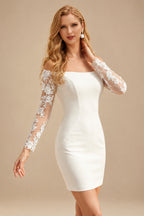 Rutipo Ivory Off-The-Shoulder Long Sleeves Short/Mini Elastic Satin Wedding Dresses With Lace