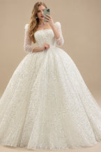 Rutipo Ivory Ball-Gown Square Neckline Long Sleeves Sequined Wedding Dresses