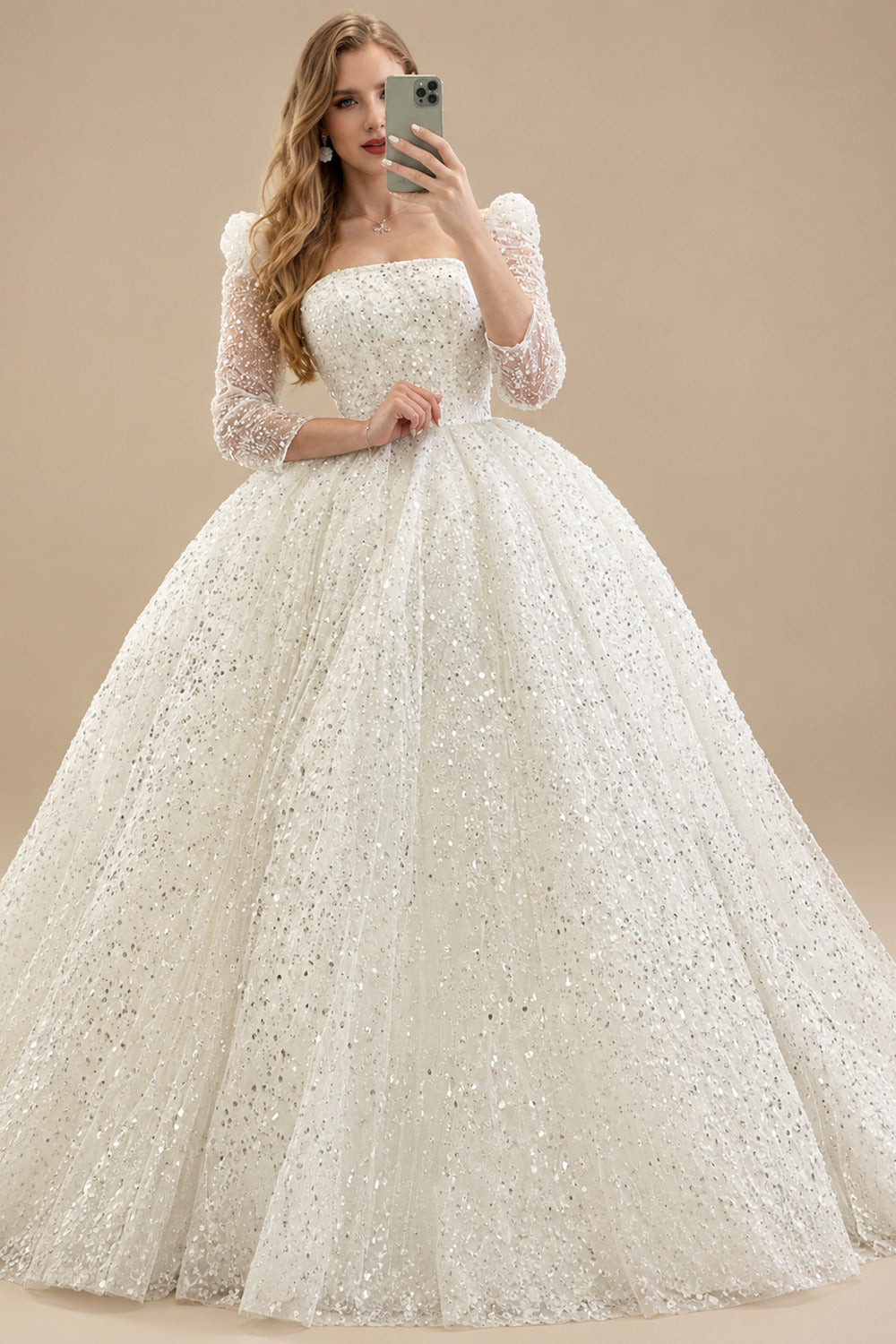 Rutipo Ivory Ball-Gown Square Neckline Long Sleeves Sequined Wedding Dresses