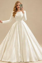 Rutipo Ivory Ball-Gown Scoop Neck Long Sleeves Sweep Train Satin Wedding Dresses