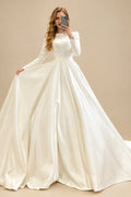 Rutipo Ivory Ball-Gown Scoop Neck Long Sleeves Sweep Train Satin Wedding Dresses
