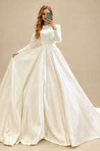 Rutipo Ivory Ball-Gown Scoop Neck Long Sleeves Sweep Train Satin Wedding Dresses