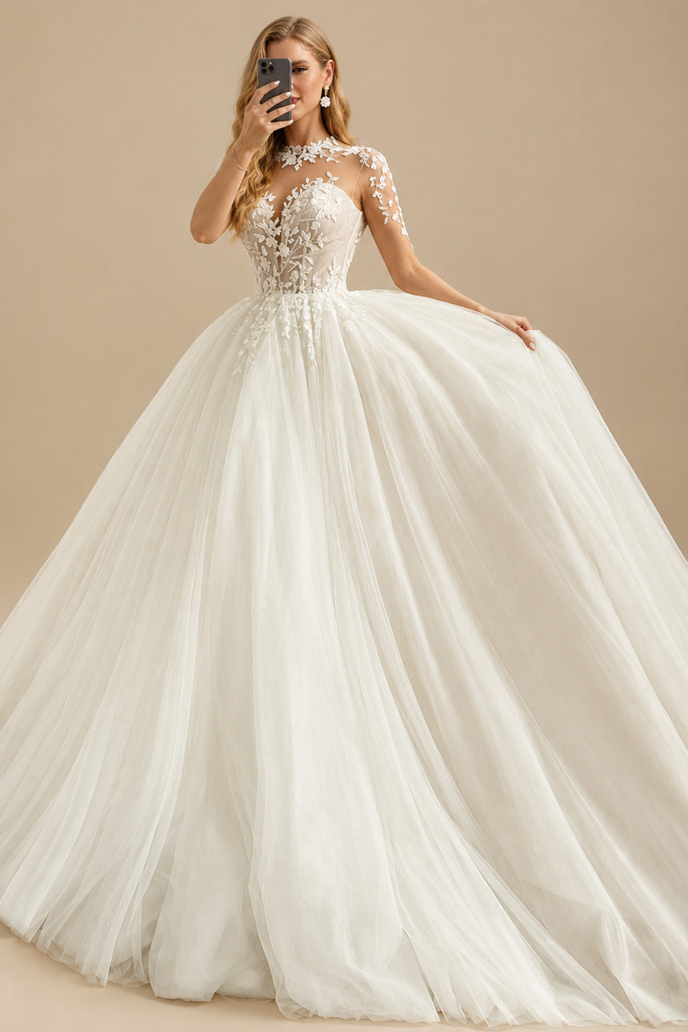 Rutipo Ivory Ball-Gown Illusion Neck Long Sleeves Sweep Train Lace/Tulle Wedding Dresses