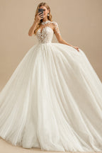 Rutipo Ivory Ball-Gown Illusion Neck Long Sleeves Sweep Train Lace/Tulle Wedding Dresses