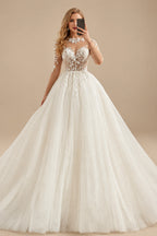 Rutipo Ivory Ball-Gown Illusion Neck Long Sleeves Sweep Train Lace/Tulle Wedding Dresses