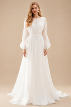 Rutipo Ivory A-Line Illusion Neck Long Sleeves Sweep Train Chiffon Wedding Dresses