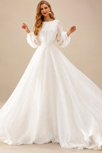 Rutipo Ivory A-Line Illusion Neck Long Sleeves Sweep Train Chiffon Wedding Dresses