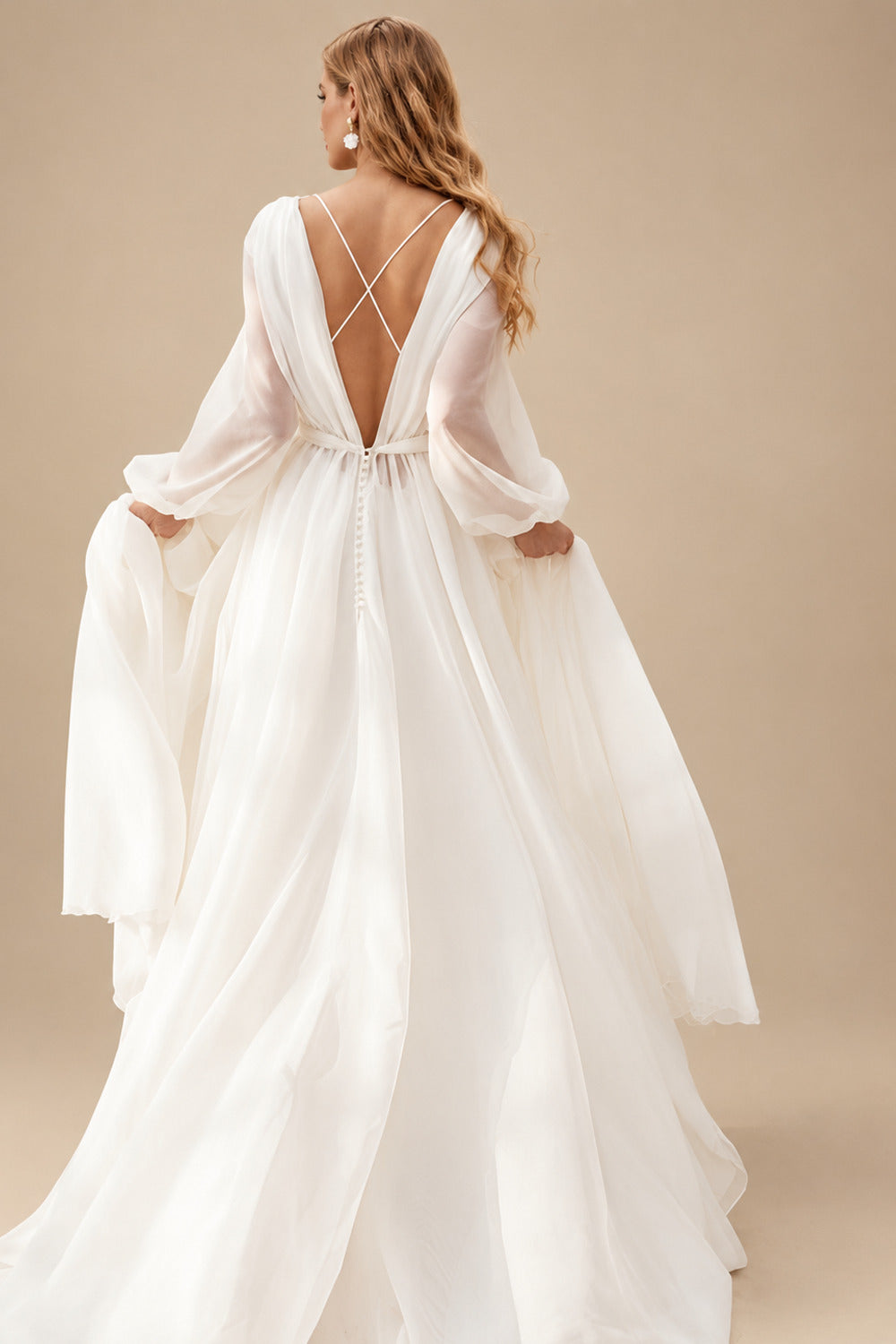 Rutipo Ivory A-Line Illusion Neck Long Sleeves Sweep Train Chiffon Wedding Dresses