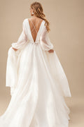 Rutipo Ivory A-Line Illusion Neck Long Sleeves Sweep Train Chiffon Wedding Dresses