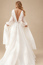 Rutipo Ivory A-Line Illusion Neck Long Sleeves Sweep Train Chiffon Wedding Dresses