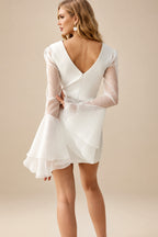 Rutipo Ivory Sheath V-Neck Long Sleeves Short/Mini Tulle Little White Wedding Dresses