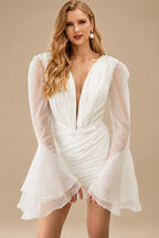 Rutipo Ivory Sheath V-Neck Long Sleeves Short/Mini Tulle Little White Wedding Dresses