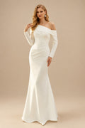 Rutipo Ivory Sheath/Column Asymmetrical Neckline Long Sleeves Sweep Train Wedding Dresses