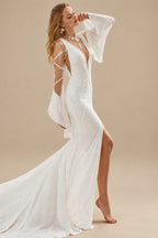 Rutipo Ivory Mermaid V-Neck Long Sleeves Sweep Train Wedding Dresses With Detachable Sleeves
