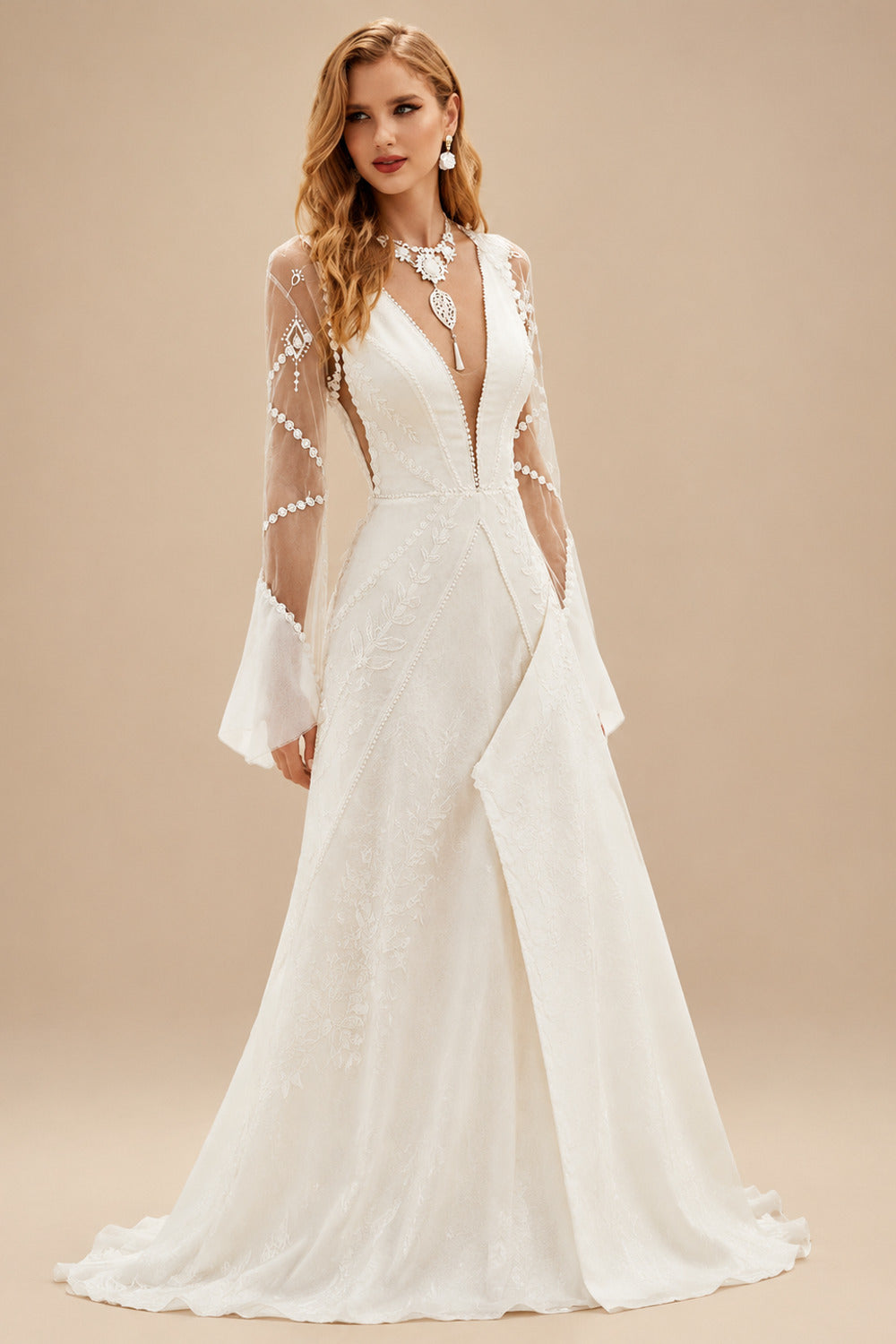 Rutipo Ivory Mermaid V-Neck Long Sleeves Sweep Train Wedding Dresses With Detachable Sleeves