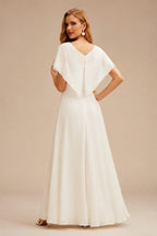 Rutipo Ivory Mermaid V-Neck Long Sleeves Sweep Train Wedding Dresses With Detachable Sleeves
