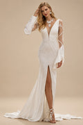 Rutipo Ivory Mermaid V-Neck Long Sleeves Sweep Train Wedding Dresses With Detachable Sleeves