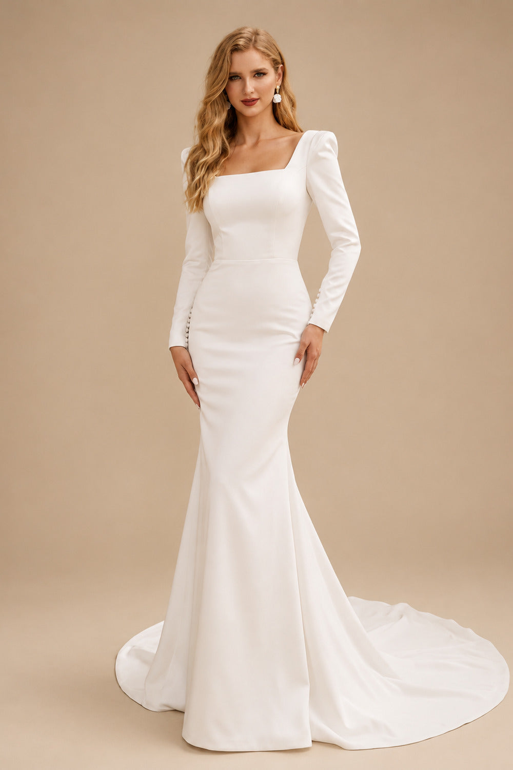Rutipo Ivory Trumpet/Mermaid Square Neckline Long Sleeves Wedding Dresses