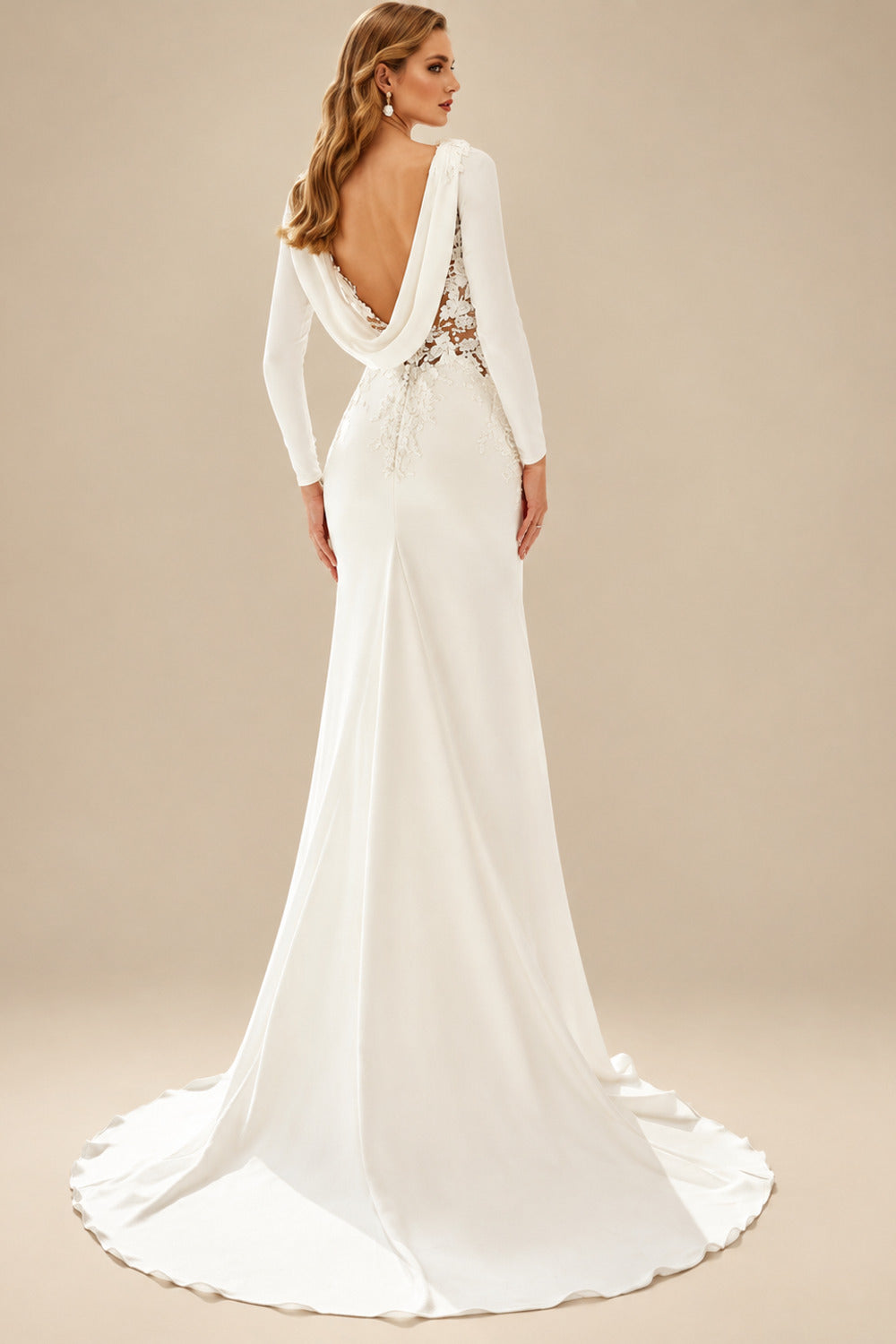 Rutipo Ivory Trumpet/Mermaid Scoop Neck Long Sleeves Lace/Elastic Satin Wedding Dresses