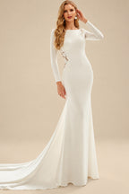 Rutipo Ivory Trumpet/Mermaid Scoop Neck Long Sleeves Lace/Elastic Satin Wedding Dresses