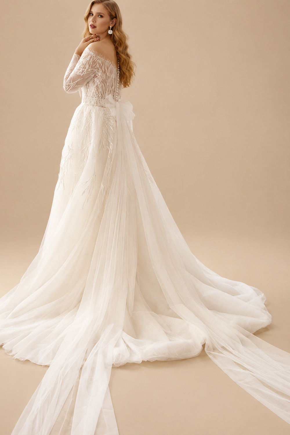Rutipo Ivory Elegant Illusion Neck Long Sleeves Sweep Train Lace Wedding Dresses