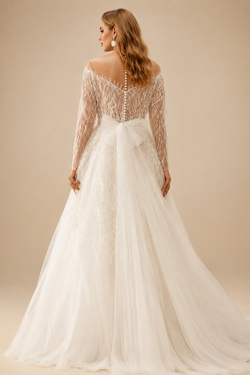Rutipo Ivory Elegant Illusion Neck Long Sleeves Sweep Train Lace Wedding Dresses