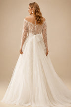 Rutipo Ivory Elegant Illusion Neck Long Sleeves Sweep Train Lace Wedding Dresses