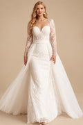 Rutipo Ivory Elegant Illusion Neck Long Sleeves Sweep Train Lace Wedding Dresses