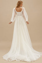 Rutipo Ivory A-Line Square Neckline Long Sleeves Lace/Tulle Wedding Dresses