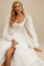 Rutipo Ivory A-Line Square Neckline Long Sleeves Lace/Tulle Wedding Dresses