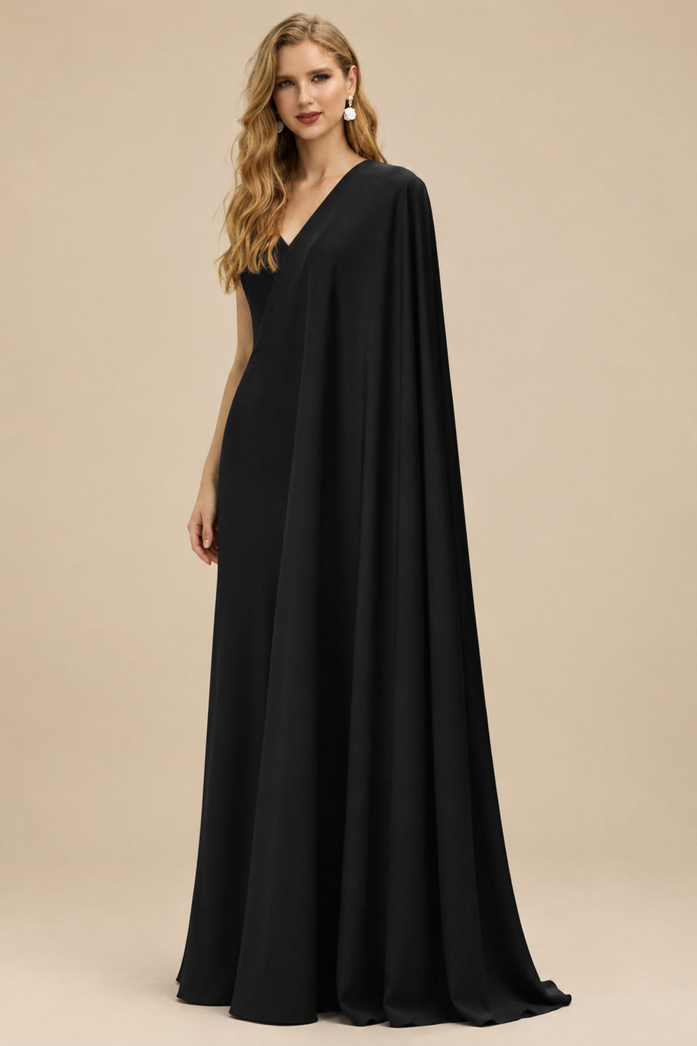 Rutipo Black Sheath/Column V-Neck Long Sleeves Floor-Length Elastic Satin Wedding Dresses