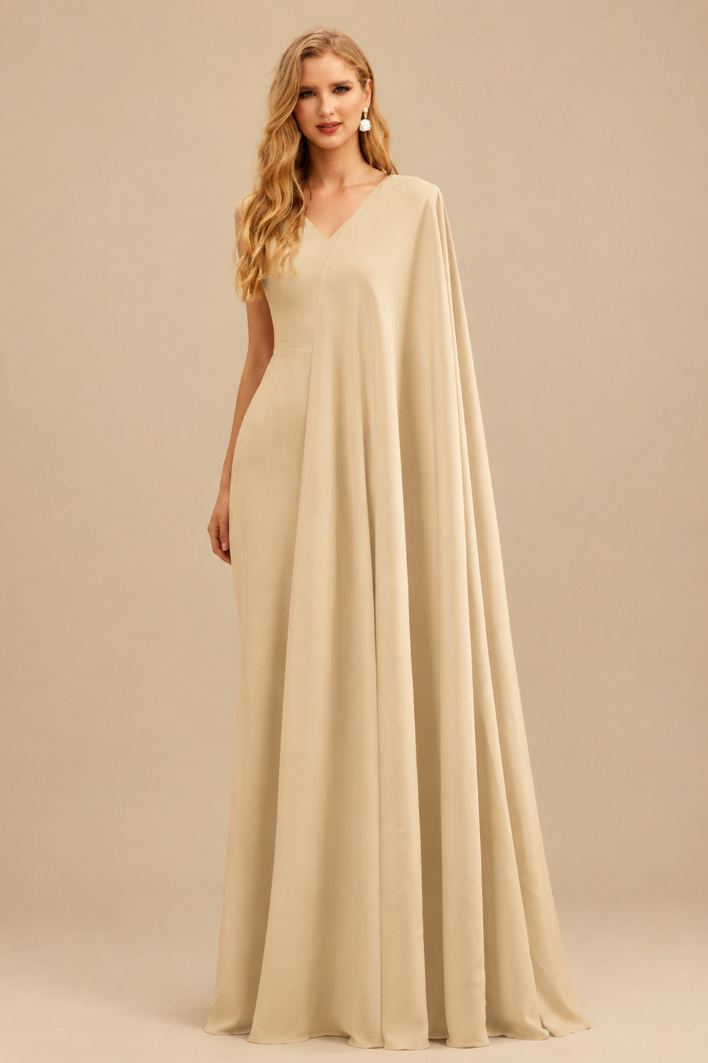 Rutipo Champagne Sheath/Column V-Neck Long Sleeves Floor-Length Elastic Satin Wedding Dresses