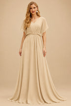 Rutipo Champagne Sheath/Column V-Neck Long Sleeves Floor-Length Elastic Satin Wedding Dresses