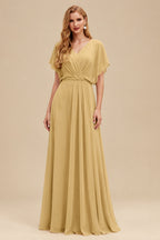 Rutipo Gold Sheath/Column V-Neck Long Sleeves Floor-Length Elastic Satin Wedding Dresses