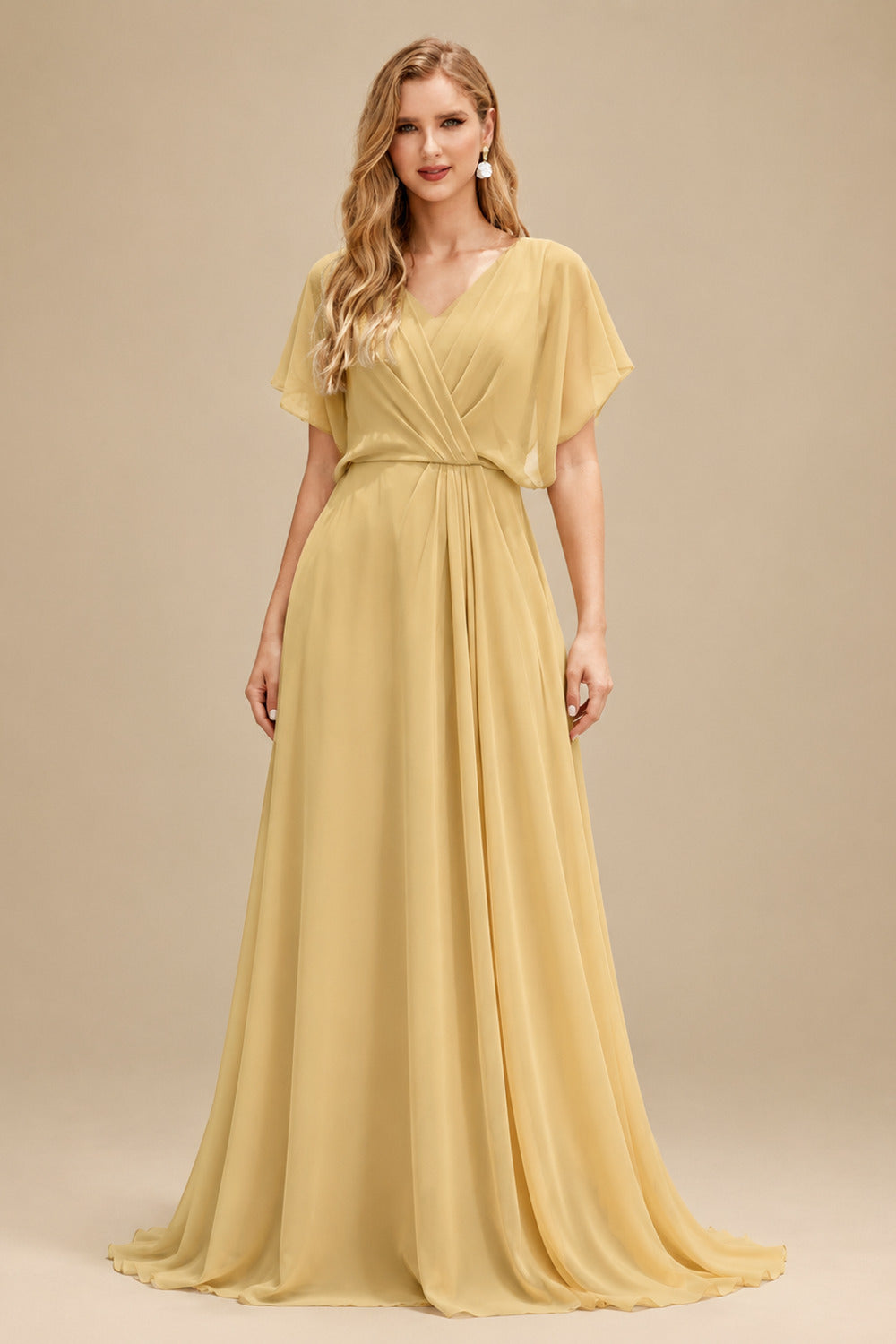 Rutipo Gold Sheath/Column V-Neck Long Sleeves Floor-Length Elastic Satin Wedding Dresses