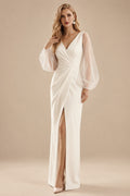 Rutipo Ivory Sheath/Column V-Neck Long Sleeves Floor-Length Elastic Satin Wedding Dresses