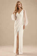 Rutipo Ivory Sheath/Column V-Neck Long Sleeves Floor-Length Elastic Satin Wedding Dresses