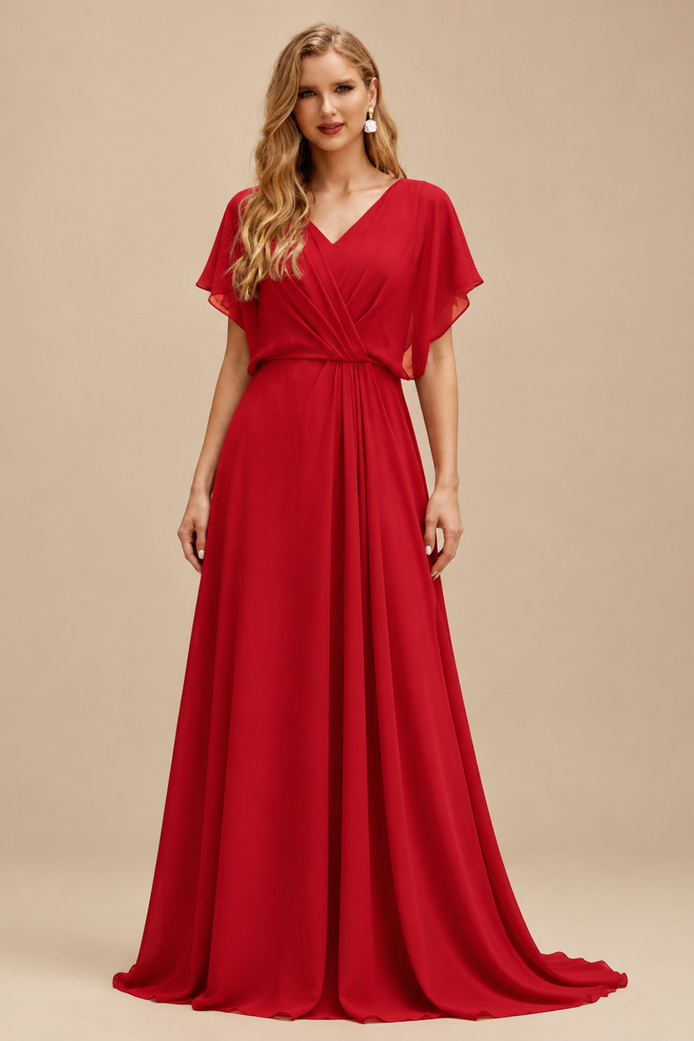 Rutipo Red Sheath/Column V-Neck Long Sleeves Floor-Length Elastic Satin Wedding Dresses