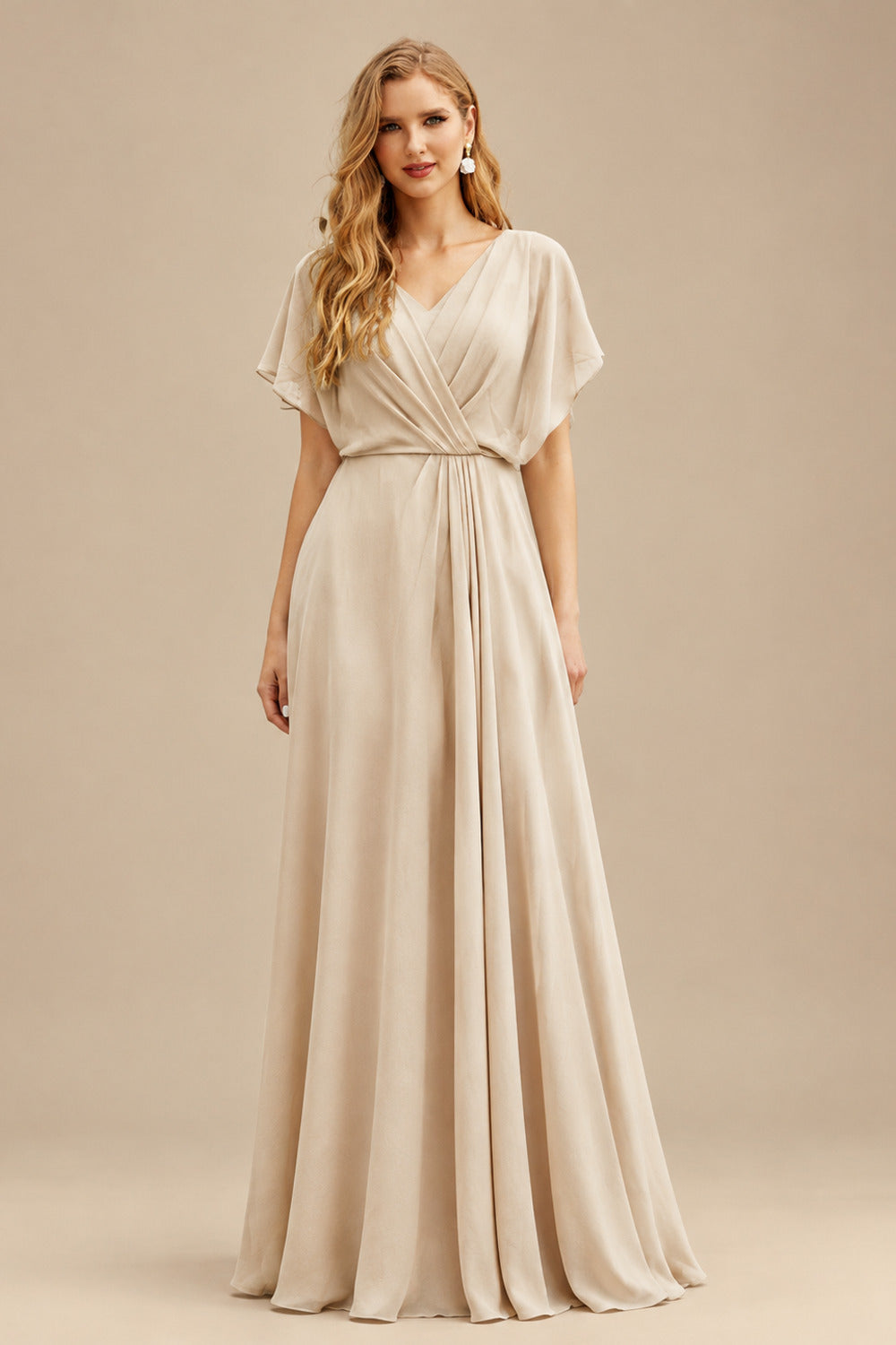Rutipo Rose Gold Sheath/Column V-Neck Long Sleeves Floor-Length Elastic Satin Wedding Dresses