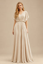 Rutipo Rose Gold Sheath/Column V-Neck Long Sleeves Floor-Length Elastic Satin Wedding Dresses