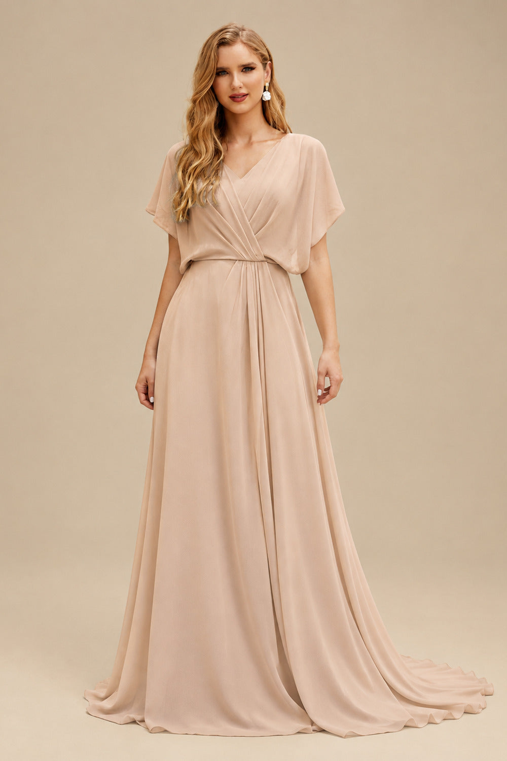 Rutipo Rose Gold Sheath/Column V-Neck Long Sleeves Floor-Length Elastic Satin Wedding Dresses
