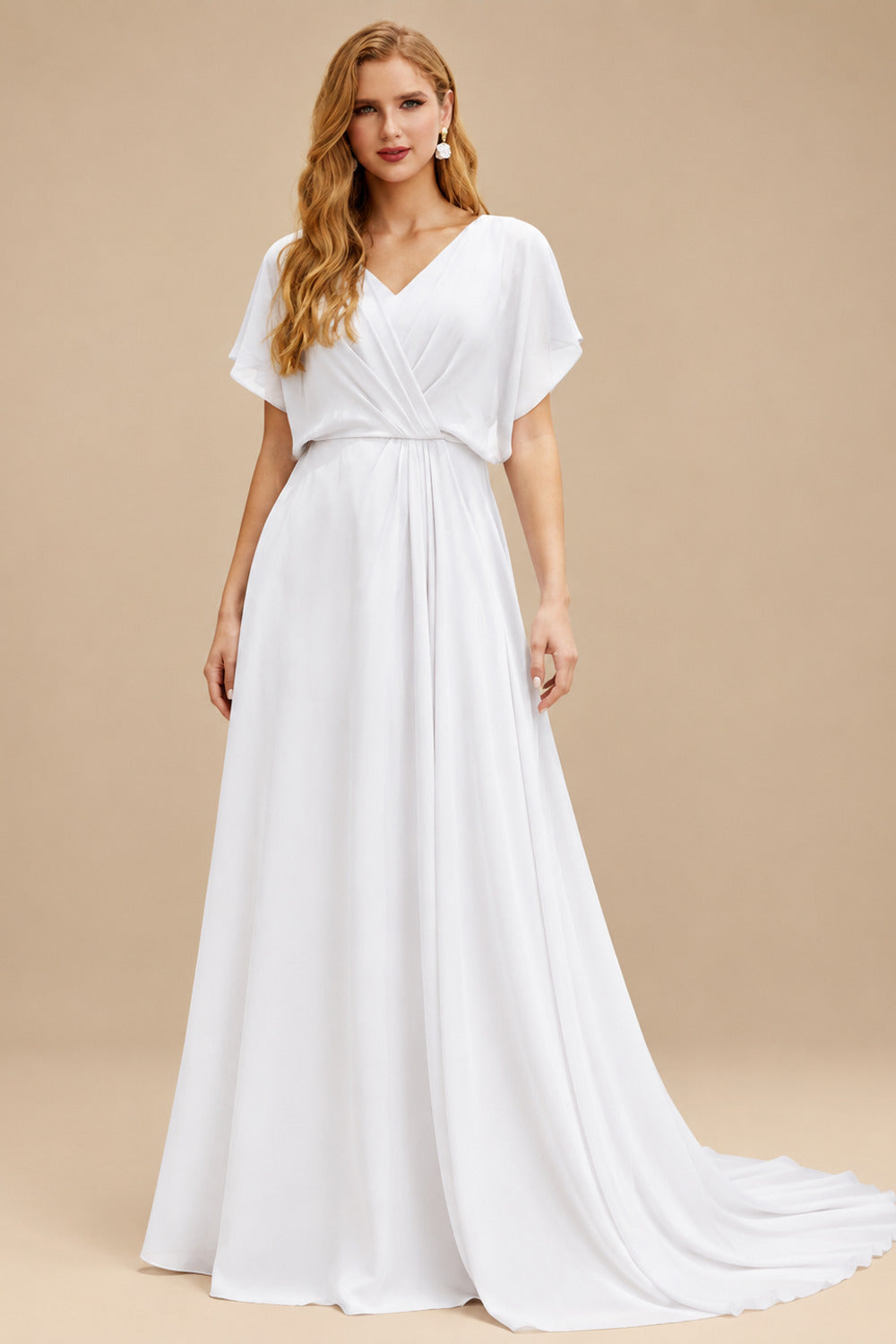 Rutipo White Sheath/Column V-Neck Long Sleeves Floor-Length Elastic Satin Wedding Dresses