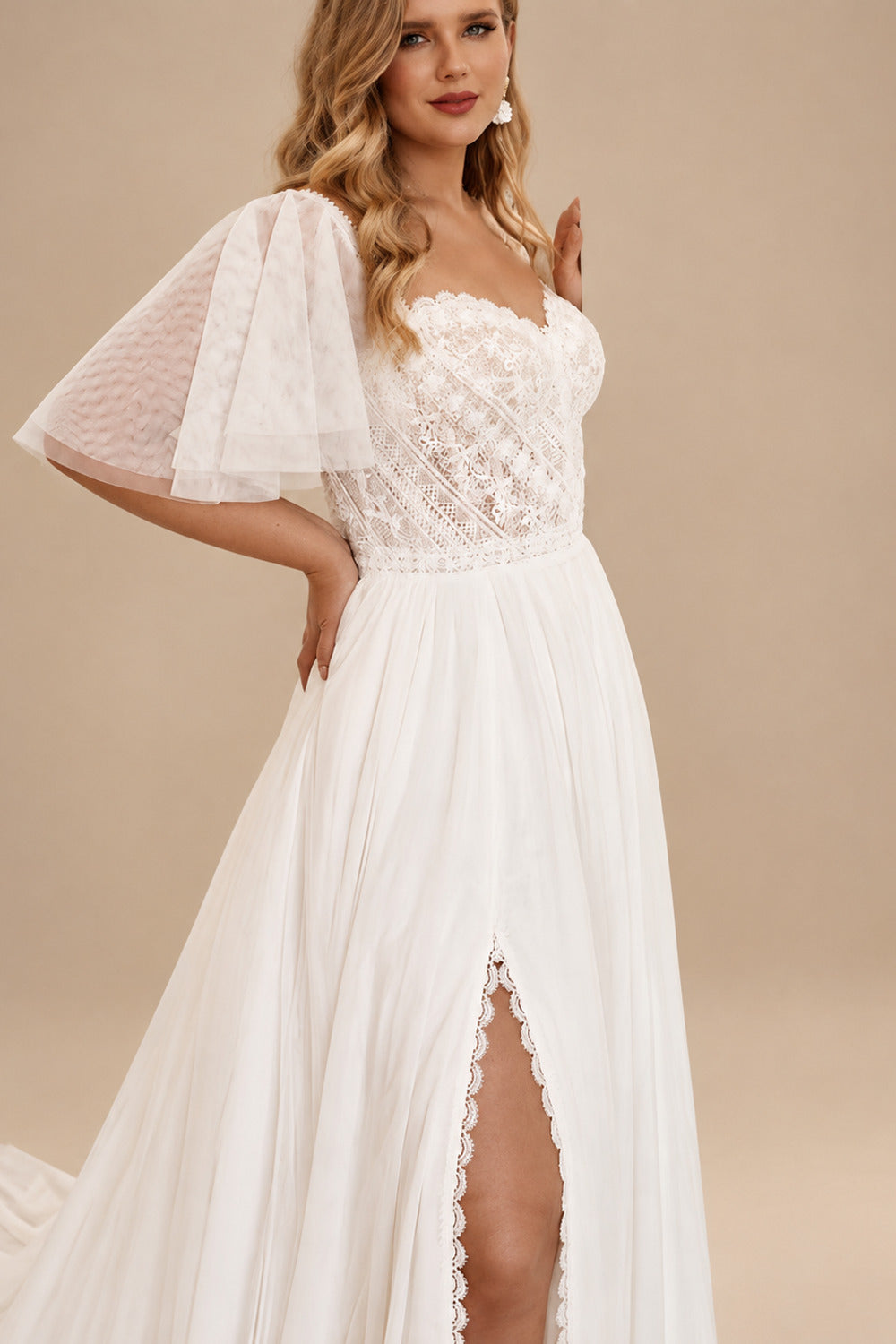 Rutipo Ivory Plus Size Sweetheart Short Sleeves Sweep Train Chiffon/Lace Wedding Dresses
